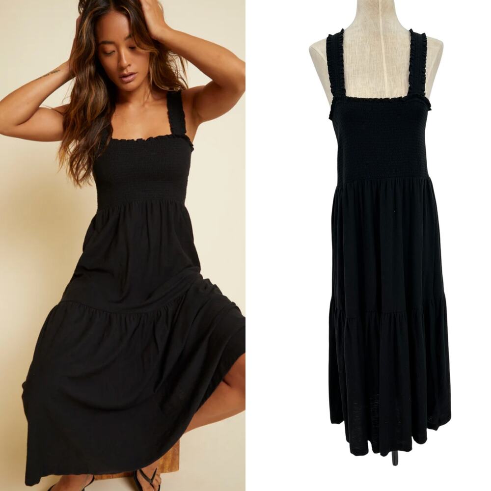 Nation LTD Shoshanah Smocked Sundress Dress Midi Sleeveless Black Size Large